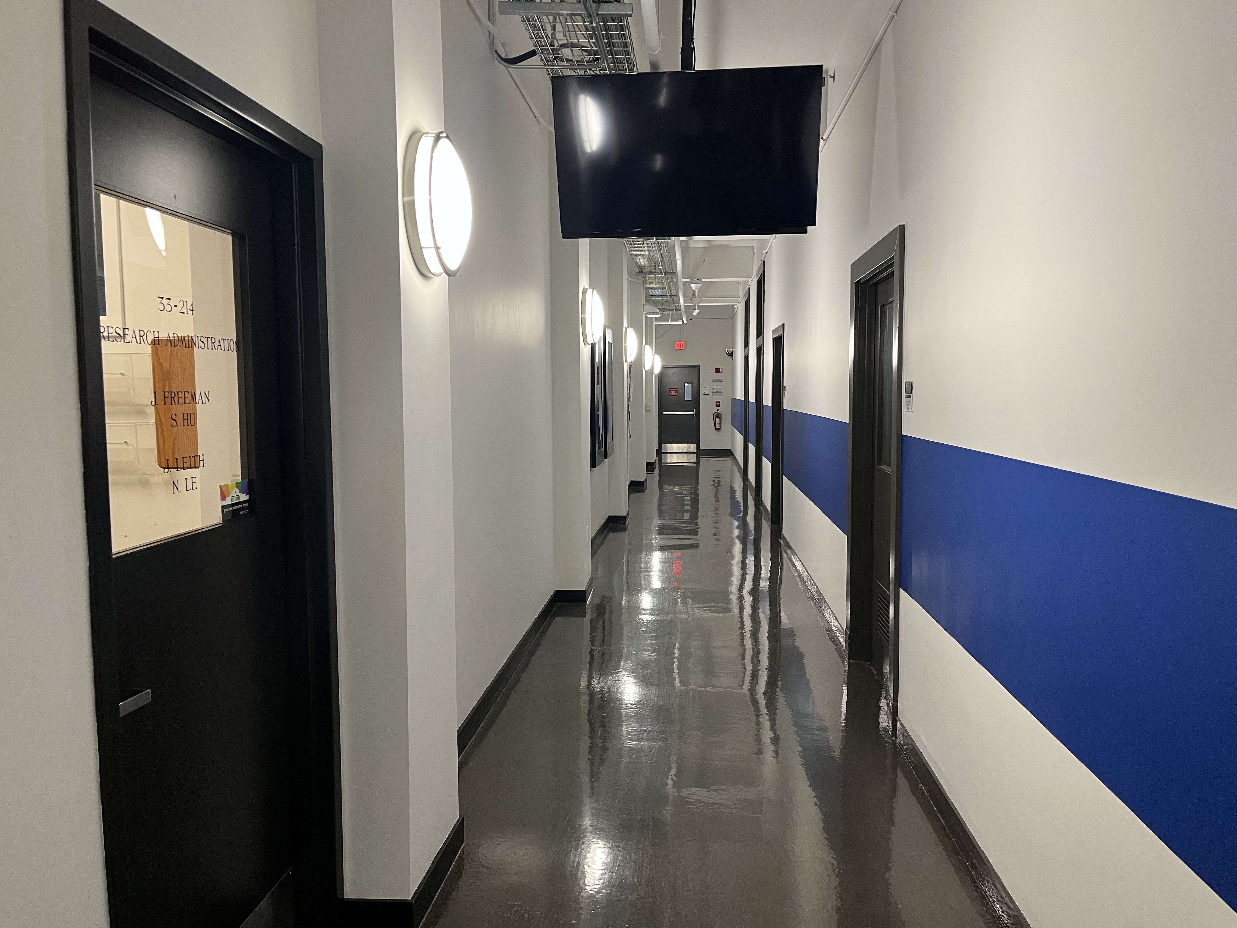 Near the end of the hallway, doors ahead